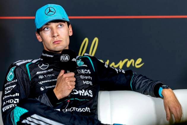 MELBOURNE Formula 1 driver George Russell of Mercedes AMG Petronas Formula One Team during the press conference during the Formula 1 Melbourne free practice and qualifying session at Albert Park on March 7, 2025 in Melbourne, Australia Photo by DeFodi Images