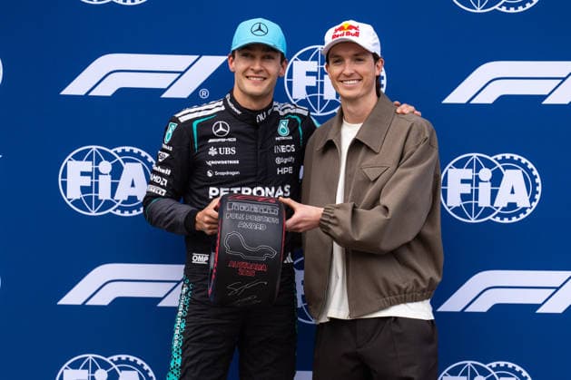 March 7, 2026, Melbourne, Victoria, Australia: Australian Winter Olympic athlete SCOTTY JAMES & GEORGE RUSSELL - (GBR) - Mercedes-AMG PETRONAS Formula One Team after receiving the Pole Position Award on Saturday at the Formula 1 Qatar Airways Australian Grand Prix 2026. Melbourne Australia - ZUMAf186 20260307_zsp_f186_155 Copyright: xJamesxForresterx
