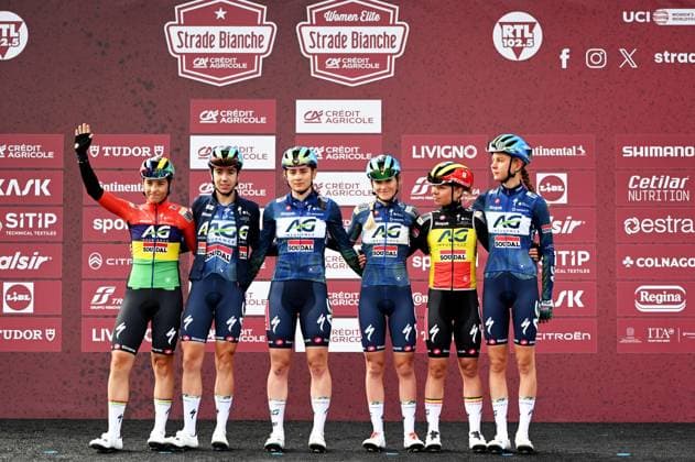 AG Insurance-Soudal Team riders pictured at the start of the women elite Strade Bianche one day cycling race, 133km from and to Siena, Italy, on Saturday 07 March 2026. ELIASxROM  x166725676x