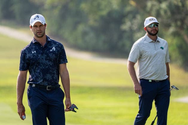 HONGKONG LIV-GOLF Belgian professional golfer, Thomas Detry and South African professional golfer, Dean Burmester during a game in Fanling Golf Course where LIV Golf Hong Kong is being held in Hong Kong, March 7, 2026. NEXPHER Vernon Yuen HONG KONG