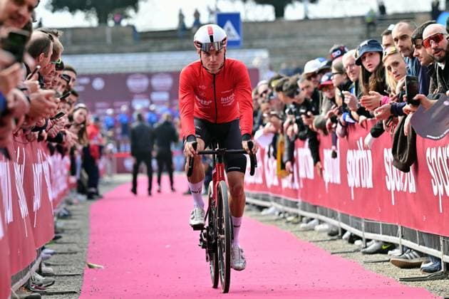 Belgian Lennert Van Eetvelt of Lotto Intermarche pictured at the start of the men elite Strade Bianche one day cycling race, 203km from and to Siena, Italy on Saturday 07 March 2026. DIRKxWAEM  x166726101x