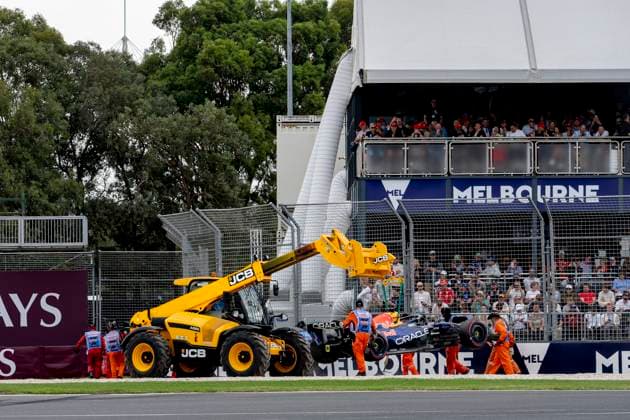 MELBOURNE Formula 1 driver Max Verstappen of Oracle Red Bull Racing s car hangs in the hoist during Formula 1 Melbourne free practice and qualifying at Albert Park on March 7, 2025 in Melbourne, Australia Photo by DeFodi Images
