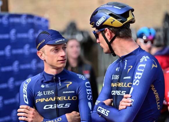 Belgian Quinten Hermans of Pinarello Q36.5 Pro Cycling and Belgian Brent Van Moer of Pinarello Q36.5 Pro Cycling pictured at the start of the men elite Strade Bianche one day cycling race, 203km from and to Siena, Italy on Saturday 07 March 2026. DIRKxWAEM  x166726208x