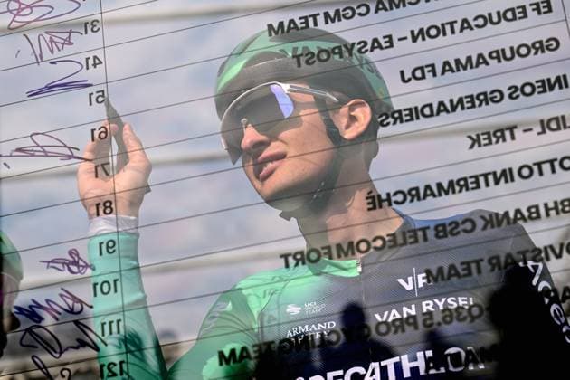 French Paul Seixas of Decathlon CMA CGM Team pictured at the start of the men elite Strade Bianche one day cycling race, 203km from and to Siena, Italy on Saturday 07 March 2026. DIRKxWAEM  x166727188x