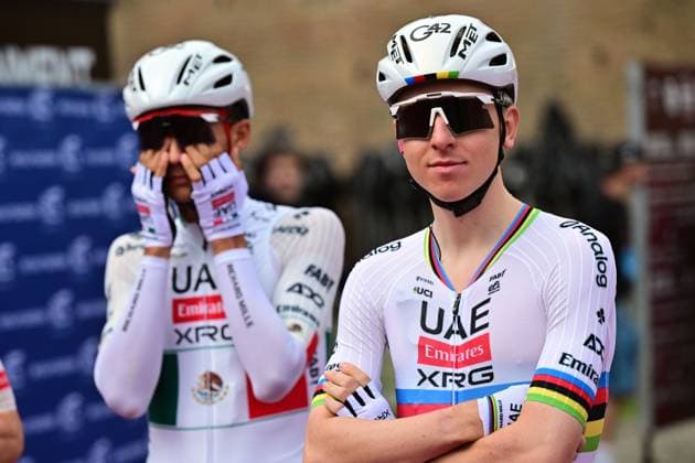 Mexican Isaac Del Toro of UAE Team Emirates - XRG and Slovenian Tadej Pogacar of UAE Team Emirates - XRG pictured at the start of the men elite Strade Bianche one day cycling race, 203km from and to Siena, Italy on Saturday 07 March 2026. DIRKxWAEM  x166728371x
