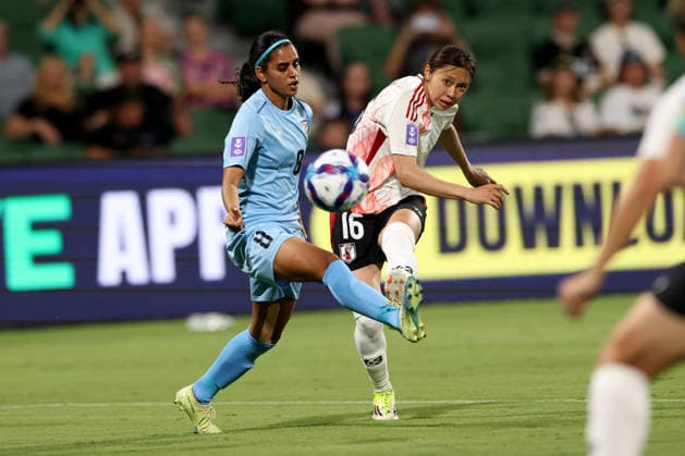 SOCCER ASIAN CUP INDIA JAPAN, Japan™s Yuzuki Yamamoto scores the opening goal shooting past India™s Sanju Yadav during the AFC Women™s Asian Cup Group C match between India and Japan at HBF Park in Perth, Saturday, March 7, 2026. ( NO ARCHIVING, EDITORIAL USE ONLY PERTH WESTERN AUSTRALIA AUSTRALIA  Copyright: xCOLINxMURTYx 20260307160134079922