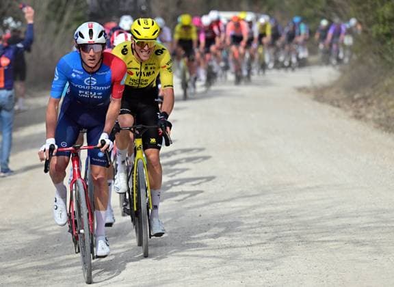 The pack of riders pictured in action during the men elite Strade Bianche one day cycling race, 203km from and to Siena, Italy on Saturday 07 March 2026. DIRKxWAEM  x166728548x