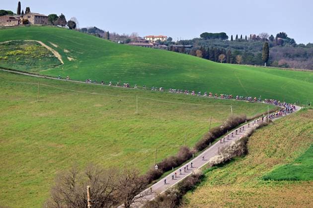 The pack of riders pictured in action during the men elite Strade Bianche one day cycling race, 203km from and to Siena, Italy on Saturday 07 March 2026. DIRKxWAEM  x166729036x