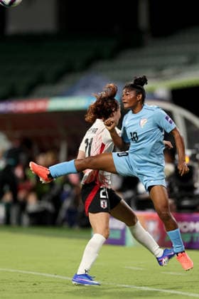 SOCCER ASIAN CUP INDIA JAPAN, Japan™s Miyabi Moriya and India™s Pyari Xaxa during the AFC Women™s Asian Cup Group C match between India and Japan at HBF Park in Perth, Saturday, March 7, 2026. ( NO ARCHIVING, EDITORIAL USE ONLY PERTH WESTERN AUSTRALIA AUSTRALIA  Copyright: xCOLINxMURTYx 20260307140520577553