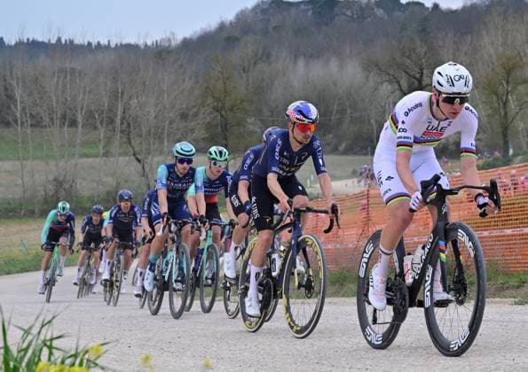 French Paul Seixas of Decathlon CMA CGM Team, British Thomas Pidcock of Pinarello Q36.5 Pro Cycling and Slovenian Tadej Pogacar of UAE Team Emirates - XRG pictured in action during the men elite Strade Bianche one day cycling race, 203km from and to Siena, Italy on Saturday 07 March 2026. DIRKxWAEM  x166732092x