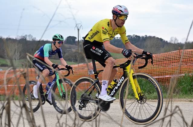 French Paul Lapeira of Decathlon CMA CGM Team and Belgian Wout Van Aert of Team Visma-Lease a Bike pictured in action during the men elite Strade Bianche one day cycling race, 203km from and to Siena, Italy on Saturday 07 March 2026. DIRKxWAEM  x166732252x