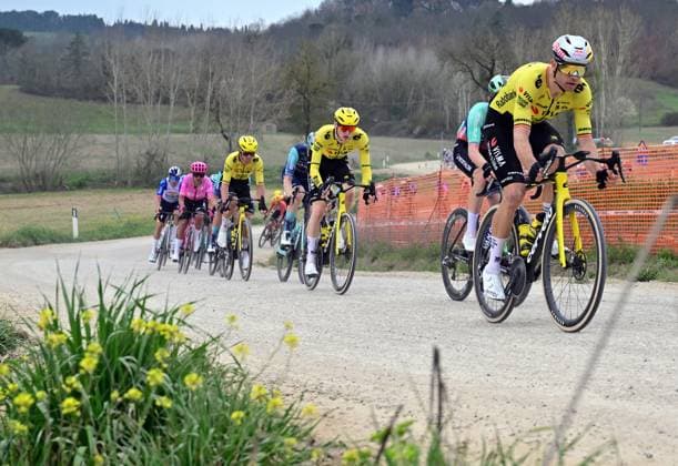 Belgian Wout Van Aert of Team Visma-Lease a Bike pictured in action during the men elite Strade Bianche one day cycling race, 203km from and to Siena, Italy on Saturday 07 March 2026. DIRKxWAEM  x166732258x