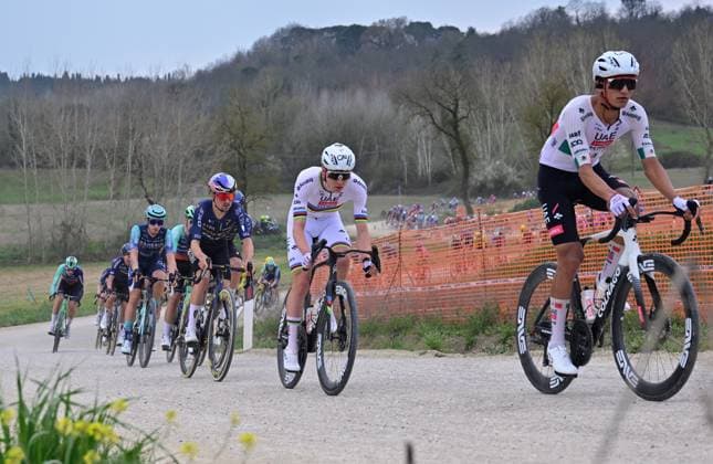 Slovenian Tadej Pogacar of UAE Team Emirates - XRG pictured in action during the men elite Strade Bianche one day cycling race, 203km from and to Siena, Italy on Saturday 07 March 2026. DIRKxWAEM  x166732322x