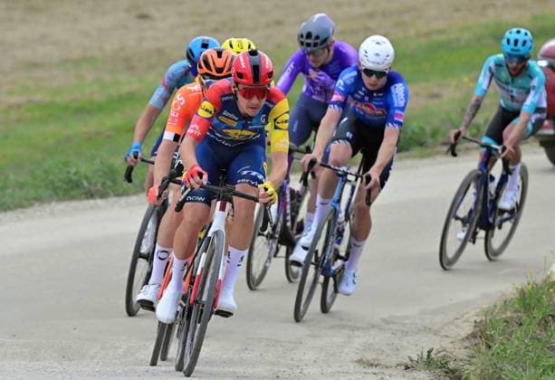 Dutch Tibor Del Grosso of Alpecin-Premier Tech (R) pictured in action during the men elite Strade Bianche one day cycling race, 203km from and to Siena, Italy on Saturday 07 March 2026. DIRKxWAEM  x166732557x
