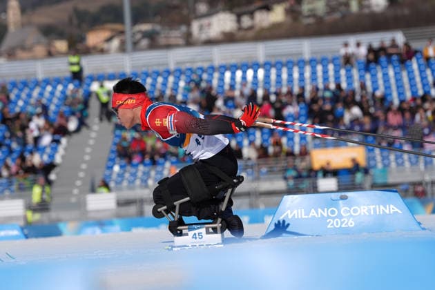 (260307) -- TESERO, March 7, 2026 -- Liu Mengtao of China competes during the men s sprint sitting final of para biathon at the Milan-Cortina 2026 Paralympic Winter games, Winterspiele,Spiele, Summer games in Tesero, Italy, March 7, 2026. ) (SP)ITALY-TESERO-PARALYMPIC WINTER GAMES-PARA BIATHLON-MEN S SPRINT SITTING HouxZhaokang 