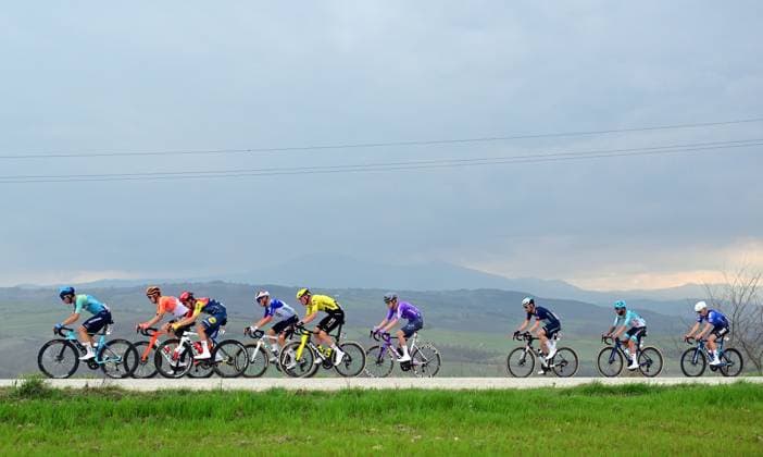 The breakaway group pictured during the men elite Strade Bianche one day cycling race, 203km from and to Siena, Italy on Saturday 07 March 2026. DIRKxWAEM  x166733466x