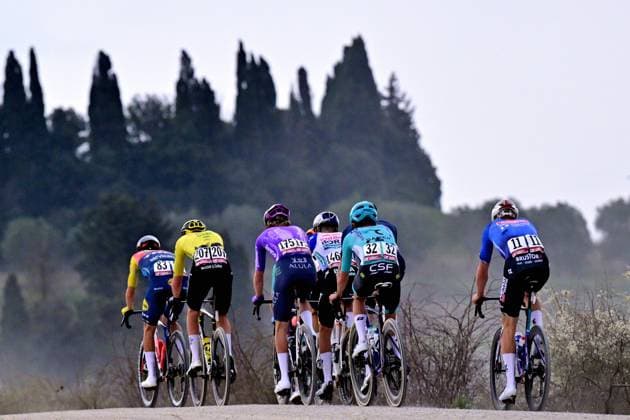 The breakaway group pictured during the men elite Strade Bianche one day cycling race, 203km from and to Siena, Italy on Saturday 07 March 2026. DIRKxWAEM  x166733907x