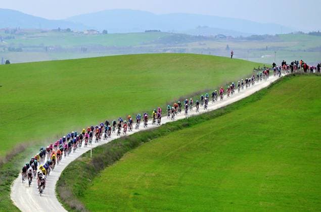 The pack of riders pictured in action during the men elite Strade Bianche one day cycling race, 203km from and to Siena, Italy on Saturday 07 March 2026. DIRKxWAEM  x166735013x