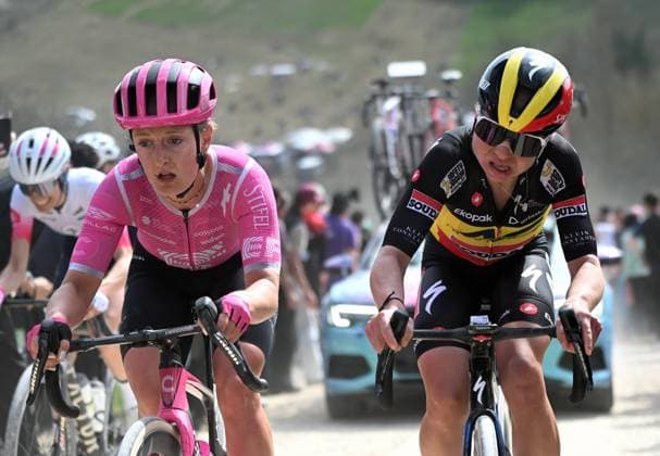 French Cedrine Kerbaol of EF Education and Belgian Justine Ghekiere of AG Insurance-Soudal Team pictured in action during the women elite Strade Bianche one day cycling race, 133km from and to Siena, Italy, on Saturday 07 March 2026. ELIASxROM  x166735325x