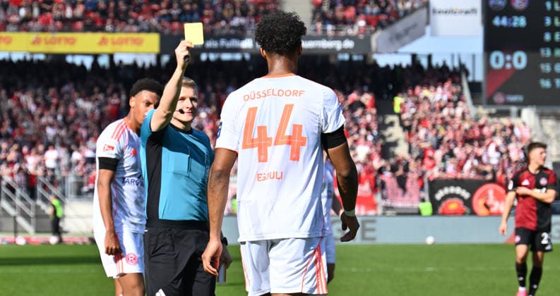 07 03 2026 Soccer Season 2025 2026 2 Soccer Bundesliga 25 Matchday 1 FC Nürnberg FCN Club Fortuna Düsseldorf F95 Sportfoto Zink xwoxzix DFL regulations prohibit any use of photographs as image sequences and or quasi video only for editorial use ^Timo Gansloweit Referee shows yellow card for Elias Egouli 44, Fortuna Düsseldorf F95