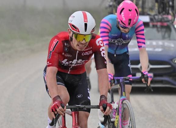 British Matthew Fox of Lotto Intermarche pictured in action during the men elite Strade Bianche one day cycling race, 203km from and to Siena, Italy on Saturday 07 March 2026. DIRKxWAEM  x166735513x