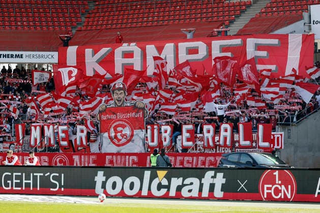 f l n r Choreo, choreography, fan, fans of Düsseldorf before the start of the match Football 2 Bundesliga, 1 FC Nürnberg - Fortuna Düsseldorf at the Max Morlock Stadion, Nuremberg, Germany, on March 7, 2026 in action during the 2 Bundesliga match between 1 FC Nürnberg and Fortuna Düsseldorf at the Max Morlock Stadion, Nuremberg, Germany, on March 7, 2026 DFL REGULATIONS PROHIBIT ANY USE OF PHOTOGRAPHS AS IMAGE SEQUENCES AND OR QUASI VIDEO Copyright: HMBxMedia xHeikoxBecker