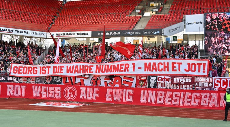 07 03 2026 Soccer Season 2025 2026 2 Soccer Bundesliga 25 Matchday 1 FC Nürnberg FCN Club Fortuna Düsseldorf F95 Sportfoto Zink xwoxzix DFL regulations prohibit any use of photographs as image sequences and or quasi video only for editorial use Banner Fans Fanblock Düsseldorf Trauer an den verstobernen Georg Koch GEORG IST DIE WAHRE NUMMER 1 MACH ET JOT