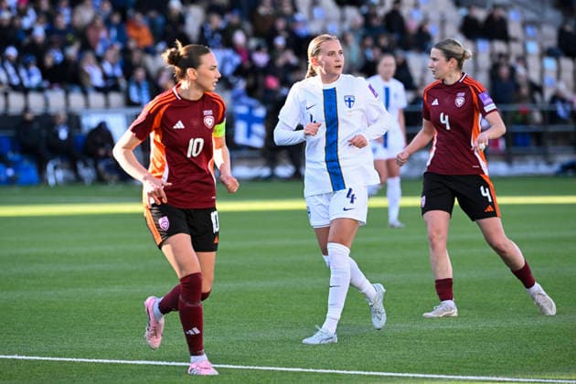 LKS 20260307 Ria Öling of Finland and Monika Stube (L) and Annija Andersone of Latvia during World Cup UEFA Women s European Qualifiers League phase football match Finland vs Latvia in Helsinki, Finland on March 7, 2026. - HEIKKI SAUKKOMAA Helsinki Finland hbhHGWVznUs  Copyright: xHeikkixSaukkomaax hbhHGWVznUs