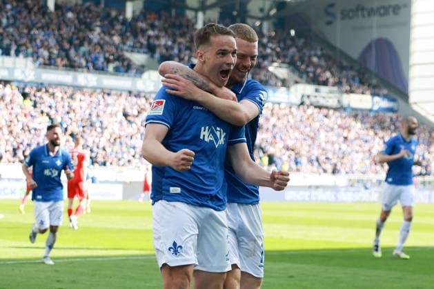 2026 03 07 xjfx 2 Bundesliga SV Darmstadt 98 Holstein Kiel v l , Niklas Schmidt SV Darmstadt 98 and Kai Klefisch SV Darmstadt 98 Torjubel, Goal celebration, celebrate the goal zum 2 0 DFL DFB REGULATIONS PROHIBIT ANY USE OF PHOTOGRAPHS as IMAGE SEQUENCES and or QUASI VIDEO Copyright: JoaquimxFerreira