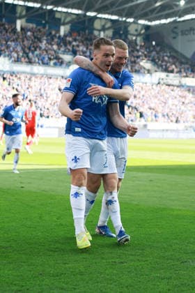 2026 03 07 xjfx 2 Bundesliga SV Darmstadt 98 Holstein Kiel v l , Niklas Schmidt SV Darmstadt 98 and Kai Klefisch SV Darmstadt 98 Torjubel, Goal celebration, celebrate the goal zum 2 0 DFL DFB REGULATIONS PROHIBIT ANY USE OF PHOTOGRAPHS as IMAGE SEQUENCES and or QUASI VIDEO Copyright: JoaquimxFerreira