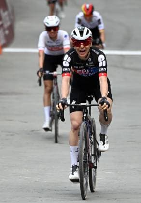 Swiss Elise Chabbey of FDJ SUEZ celebrates as she crosses the finish line to win the women elite Strade Bianche one day cycling race, 133km from and to Siena, Italy, on Saturday 07 March 2026. ELIASxROM  x166738866x
