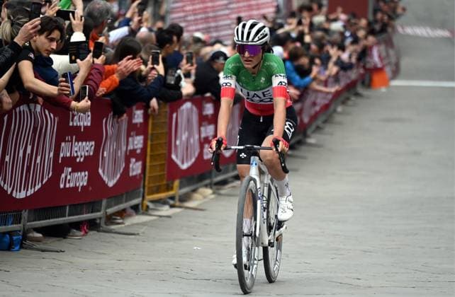 Italian Elisa Longo Borghini of UAE Team ADQ crosses the finish line at the women elite Strade Bianche one day cycling race, 133km from and to Siena, Italy, on Saturday 07 March 2026. ELIASxROM  x166739063x
