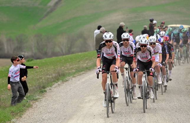 The pack of riders pictured in action during the men elite Strade Bianche one day cycling race, 203km from and to Siena, Italy on Saturday 07 March 2026. DIRKxWAEM  x166739295x