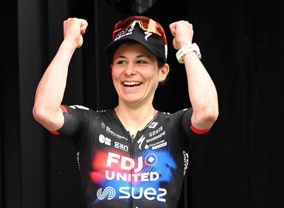 Swiss Elise Chabbey of FDJ SUEZ celebrates on the podium after winning the women elite Strade Bianche one day cycling race, 133km from and to Siena, Italy, on Saturday 07 March 2026. ELIASxROM  x166740567x