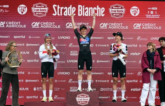 Polish Katarzyna Niewiadoma-Phinney of CANYON SRAM Zondacrypto, Swiss Elise Chabbey of FDJ celebrate onSUEZ and German Franziska Koch of FDJ United SUEZ celebrate on the podium of the women elite Strade Bianche one day cycling race, 133km from and to Siena, Italy, on Saturday 07 March 2026. ELIASxROM  x166740628x