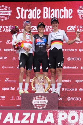 CHABBEY Elise of FDJ UNITED - SUEZ team winner of the race on the podium during the Strade Bianche Woman Elite (White Roads) a 133 km one day race from and to Siena (Tuscany), Italy - Saturday March 7, 2025 - - cycling  Copyright: xSpada LaPressex
