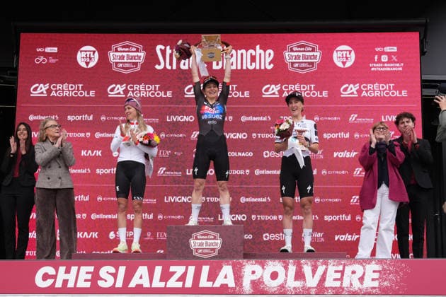 CHABBEY Elise of FDJ UNITED - SUEZ team winner of the race on the podium during the Strade Bianche Woman Elite (White Roads) a 133 km one day race from and to Siena (Tuscany), Italy - Saturday March 7, 2025 - - cycling  Copyright: xSpada LaPressex