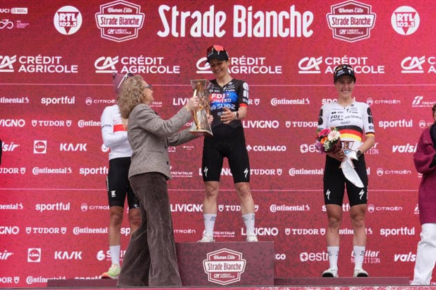 CHABBEY Elise of FDJ UNITED - SUEZ team winner of the race on the podium during the Strade Bianche Woman Elite (White Roads) a 133 km one day race from and to Siena (Tuscany), Italy - Saturday March 7, 2025 - - cycling  Copyright: xSpada LaPressex