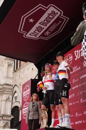 CHABBEY Elise of FDJ UNITED - SUEZ team winner of the race on The podium during the Strade Bianche Woman Elite (White Roads) a 133 km one day race from and to Siena (Tuscany), Italy - Saturday March 7, 2025 - - cycling  Copyright: xMassimoxPaolone LaPressex