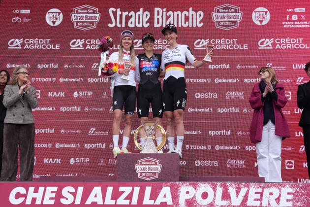 CHABBEY Elise of FDJ UNITED - SUEZ team winner of the race on the podium during the Strade Bianche Woman Elite (White Roads) a 133 km one day race from and to Siena (Tuscany), Italy - Saturday March 7, 2025 - - cycling  Copyright: xSpada LaPressex
