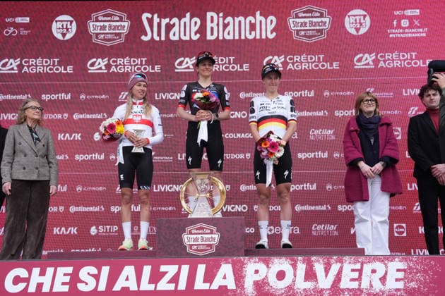 CHABBEY Elise of FDJ UNITED - SUEZ team winner of the race on the podium during the Strade Bianche Woman Elite (White Roads) a 133 km one day race from and to Siena (Tuscany), Italy - Saturday March 7, 2025 - - cycling  Copyright: xSpada LaPressex