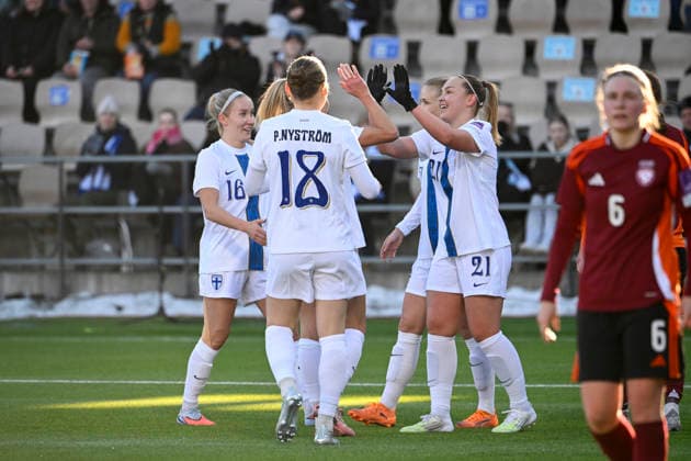 LKS 20260307 Oona Sevenius of Finland (21) celebrates making 3-0 goal with team mates during World Cup UEFA Women s European Qualifiers League phase football match Finland vs Latvia in Helsinki, Finland on March 7, 2026. - HEIKKI SAUKKOMAA Helsinki Finland AGvufbZjtfQ  Copyright: xHeikkixSaukkomaax AGvufbZjtfQ