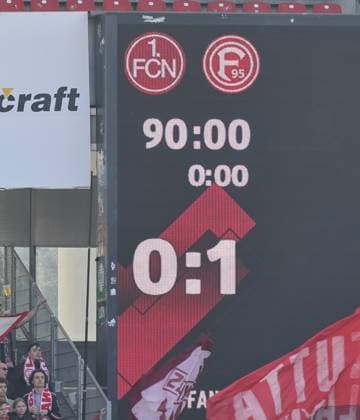 07 03 2026 Soccer Season 2025 2026 2 Soccer Bundesliga 25 Matchday 1 FC Nürnberg FCN Club Fortuna Düsseldorf F95 Sportfoto Zink DaMa xdaxmax DFL regulations prohibit any use of photographs as image sequences and or quasi video only for editorial use Symbolbild Symbolfoto Feature Impression Scoreboard with final score 0 1 for Düsseldorf