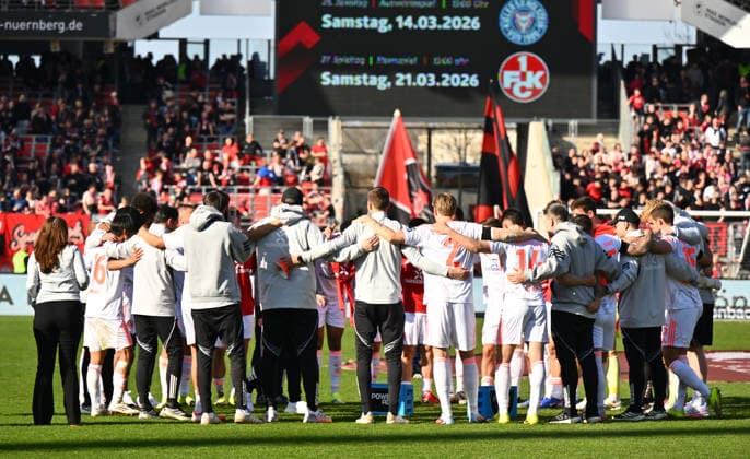 07 03 2026 Soccer Season 2025 2026 2 Soccer Bundesliga 25 Matchday 1 FC Nürnberg FCN Club Fortuna Düsseldorf F95 Sportfoto Zink xwoxzix DFL regulations prohibit any use of photographs as image sequences and or quasi video only for editorial use Teamkreis Mannschaft Team Foirtuna nach Spielende