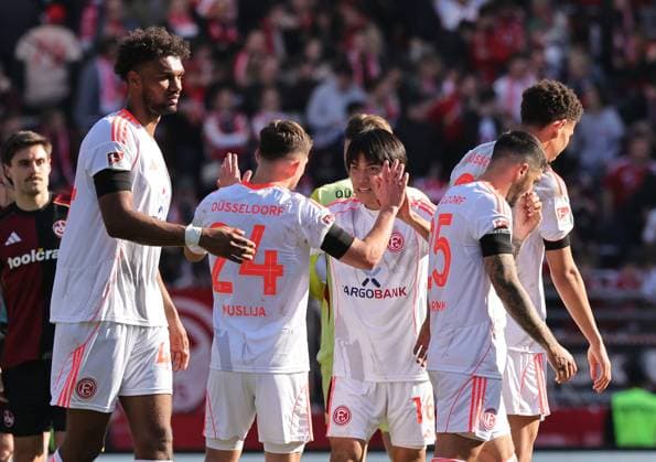 07 03 2026 Soccer Season 2025 2026 2 Soccer Bundesliga 25 Matchday 1 FC Nuremberg FCN Club Fortuna Düsseldorf F95 Sportfoto Zink DaMa xdaxmax DFL regulations prohibit any use of photographs as image sequences and or quasi video only for editorial use Joy Cheering after the end of the match Florent Muslija 24, Fortuna Düsseldorf F95 Satoshi Tanaka 16, Fortuna Düsseldorf F95 and team Team clapping off