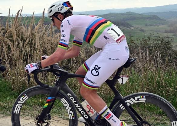 Slovenian Tadej Pogacar of UAE Team Emirates - XRG pictured in action during the men elite Strade Bianche one day cycling race, 203km from and to Siena, Italy on Saturday 07 March 2026. DIRKxWAEM  x166742079x