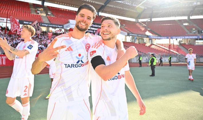 07 03 2026 Soccer Season 2025 2026 2 Soccer Bundesliga 25 Matchday 1 FC Nürnberg FCN Club Fortuna Düsseldorf F95 Sportfoto Zink xwoxzix DFL regulations prohibit any use of photographs as image sequences and or quasi video only for editorial use Anouar El Azzouzi 8, Fortuna Düsseldorf F95 Florent Muslija 24, Fortuna Düsseldorf F95 Jubel Freude nach Spielende
