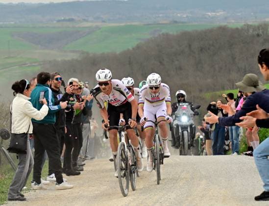 Slovenian Tadej Pogacar of UAE Team Emirates - XRG and Slovenian Tadej Pogacar of UAE Team Emirates - XRG the men elite Strade Bianche one day cycling race, 203km from and to Siena, Italy on Saturday 07 March 2026. DIRKxWAEM  x166742686x