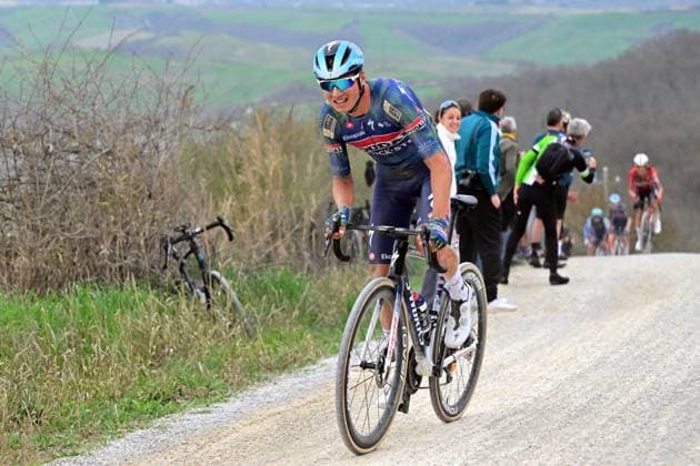 Belgian Mauri Vansevenant of Soudal Quick-Step pictured in action during the men elite Strade Bianche one day cycling race, 203km from and to Siena, Italy on Saturday 07 March 2026. DIRKxWAEM  x166742694x