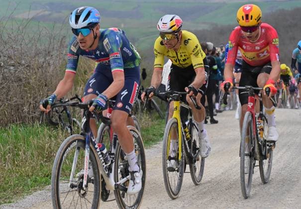 Belgian Wout Van Aert of Team Visma-Lease a Bike pictured in action during the men elite Strade Bianche one day cycling race, 203km from and to Siena, Italy on Saturday 07 March 2026. DIRKxWAEM  x166742918x